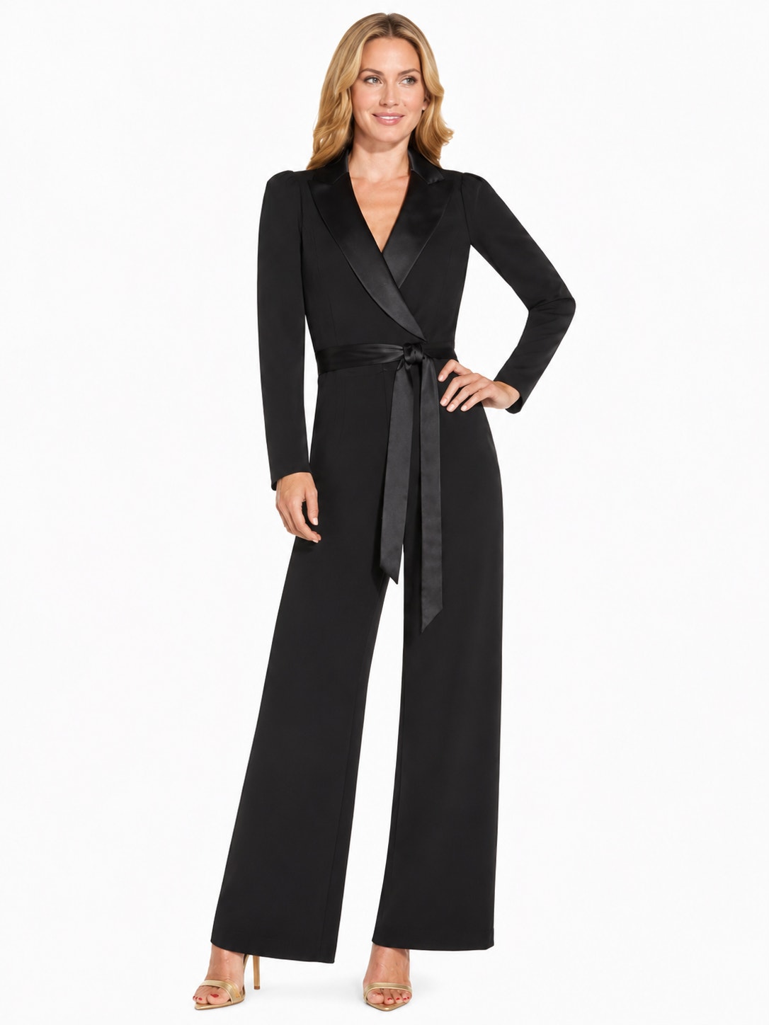 Adrianna Papell Stretch Crepe Tuxedo Faux Wrap Satin Lapel Jumpsuit Black 10
